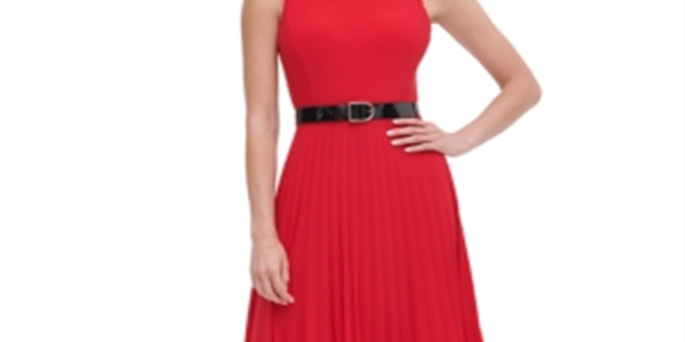 Vestido plissado de malha com cinto feminino Tommy Hilfiger, vermelho, tamanho 10 P