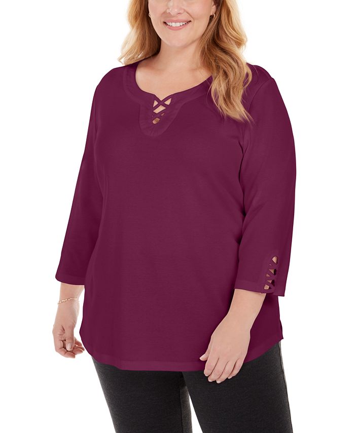 Blusa feminina Karen Scott Plus Cotton com acabamento cruzado, roxa, tamanho 3XL