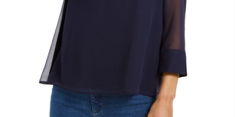 Top feminino Charter Club com manga transparente, azul, tamanho médio