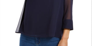 Top feminino Charter Club com manga transparente, azul, tamanho médio