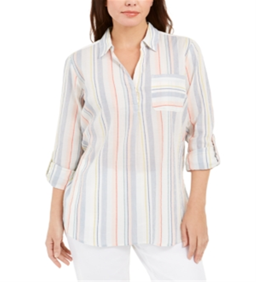Charter Club Top feminino com listras verticais e estampa popover, branco, tamanho pequeno