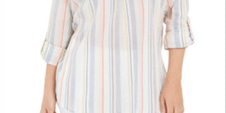 Charter Club Top feminino com listras verticais e estampa popover, branco, tamanho pequeno