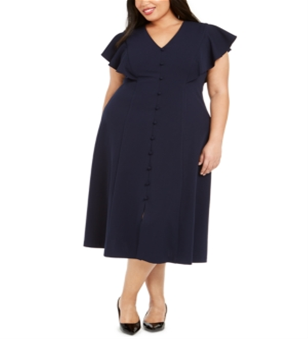 Vestido Calvin Klein Plus Size Feminino Azul com Botões e Acabamento em Renda, Tamanho 16 W