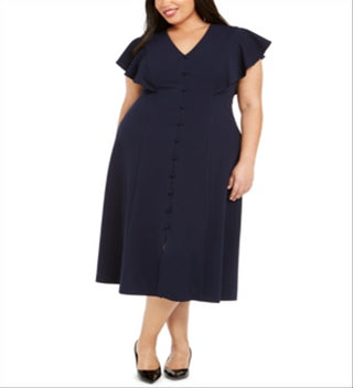 Vestido Calvin Klein Plus Size Feminino Azul com Botões e Acabamento em Renda, Tamanho 16 W