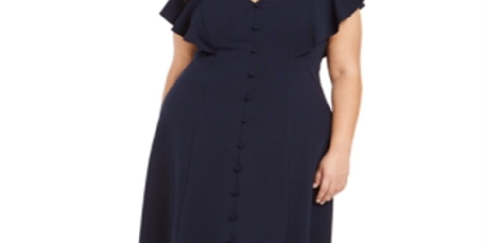 Vestido Calvin Klein Plus Size Feminino Azul com Botões e Acabamento em Renda, Tamanho 16 W