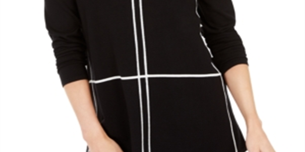 Blusa feminina Alfani estampada de manga comprida e gola redonda, preta, tamanho pequeno e pequeno