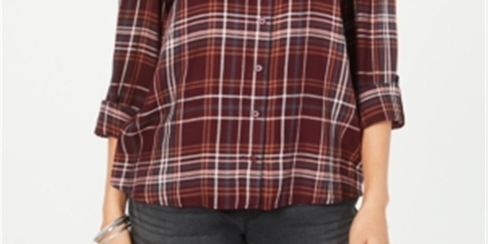 Camisa xadrez feminina Style &amp; Co com um bolso, vermelha, tamanho XL