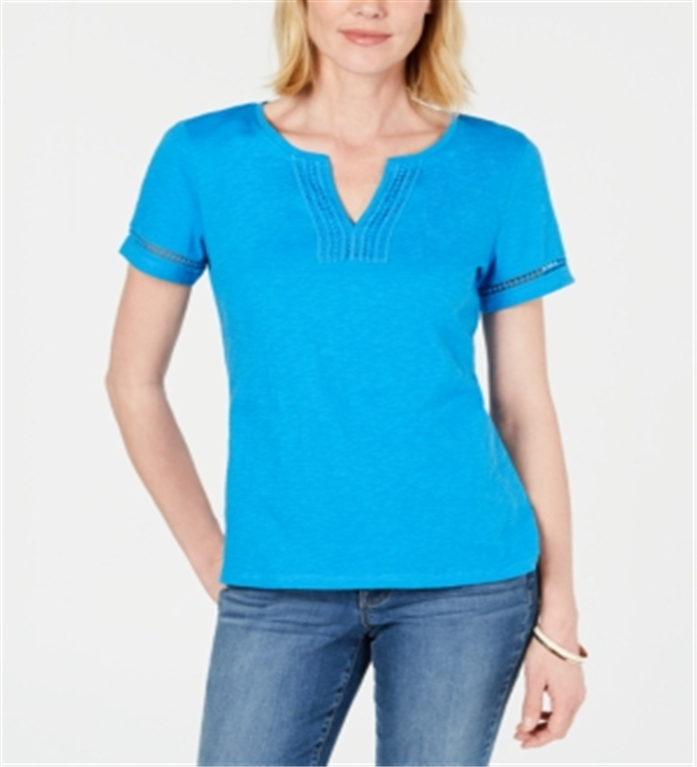 Camiseta feminina turquesa de manga curta e decote em V, tamanho XX-G, azul