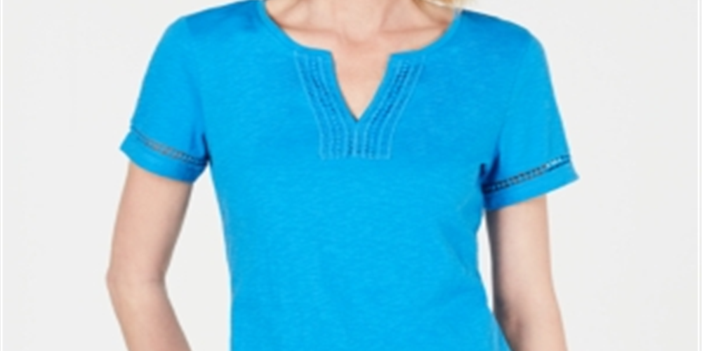 Camiseta feminina turquesa de manga curta e decote em V, tamanho XX-G, azul