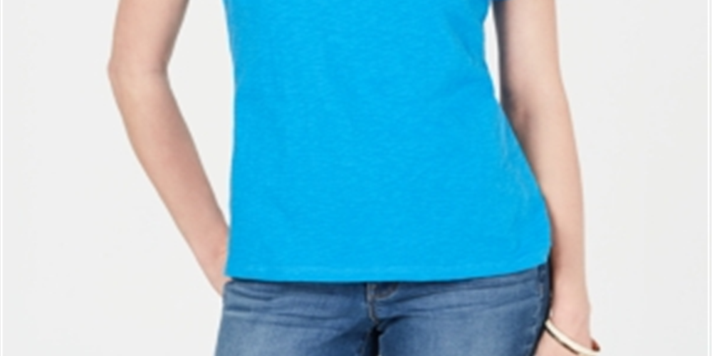 Camiseta feminina turquesa de manga curta e decote em V, tamanho XX-G, azul