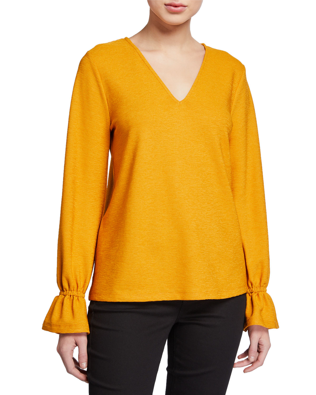 Michael Kors Women's Ruffled Long Sleeve V Neck Top Yellow Size Small