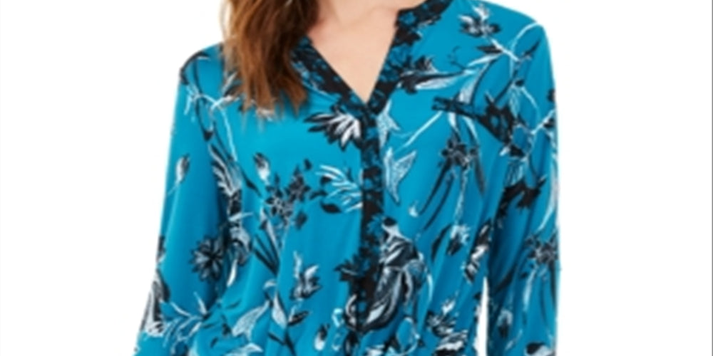 Blusa feminina estampada com frente torcida da INC International Concepts, azul, tamanho pequeno médio