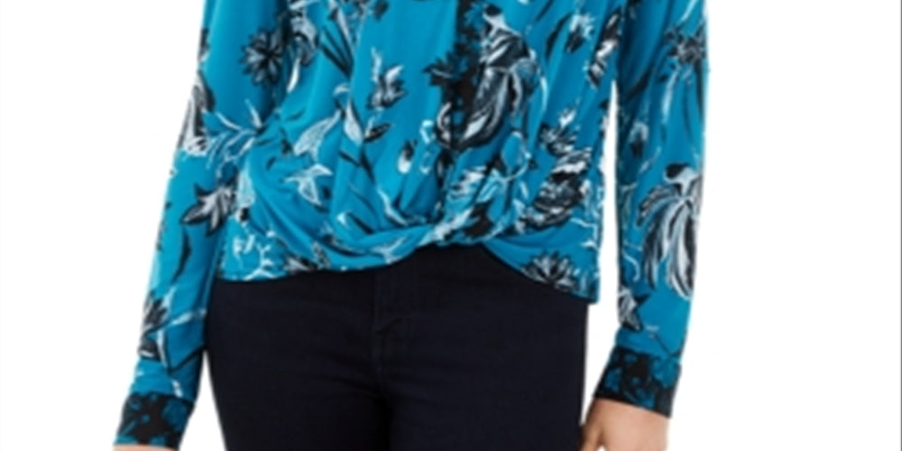 Blusa feminina estampada com frente torcida da INC International Concepts, azul, tamanho pequeno médio