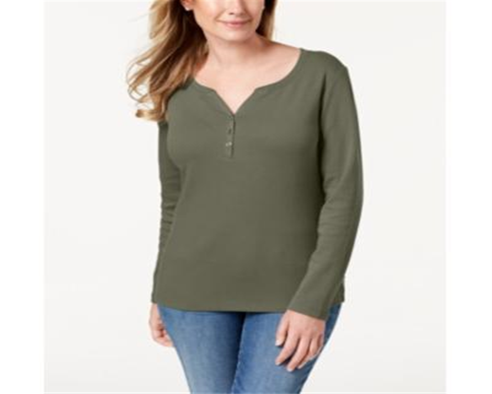 Blusa feminina Karen Scott lisa de manga comprida com botões, verde, tamanho P