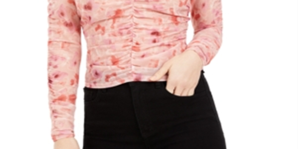 Blusa feminina Bar III transparente com estampa floral e manga comprida, gola redonda, rosa, tamanho extragrande