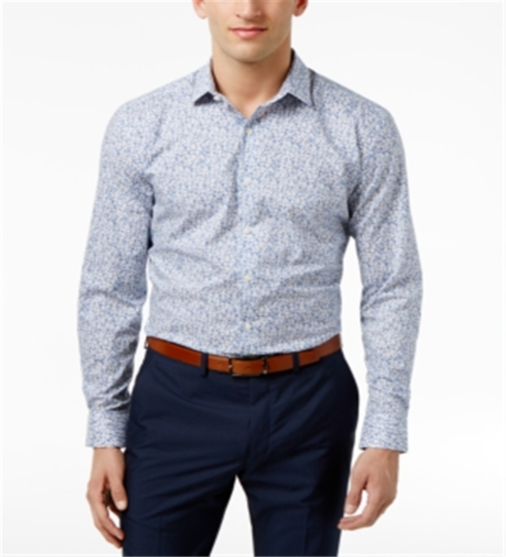 Camisa social masculina Bar III com gola floral e corte slim, azul, tamanho 15x32x33