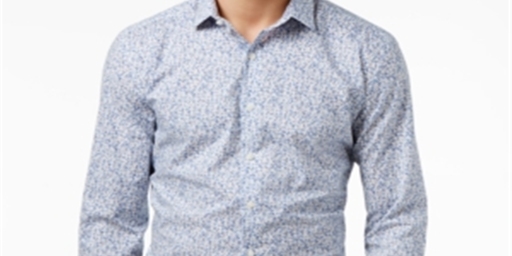 Camisa social masculina Bar III com gola floral e corte slim, azul, tamanho 15x32x33