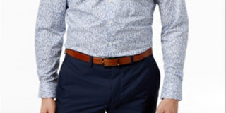 Camisa social masculina Bar III com gola floral e corte slim, azul, tamanho 15x32x33