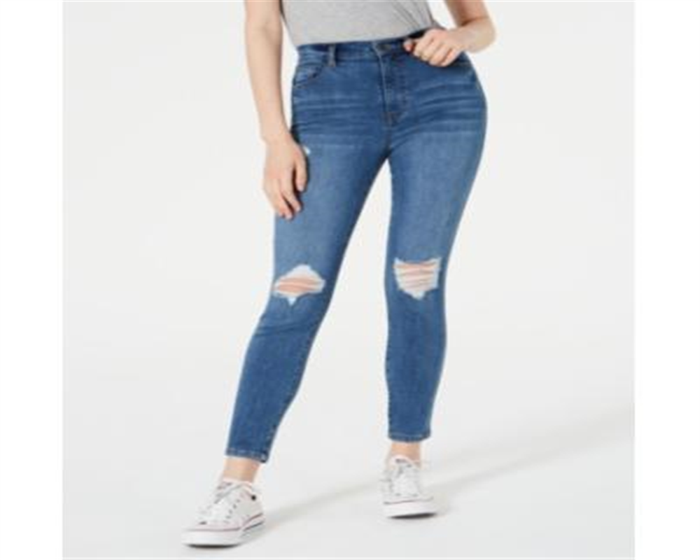 Calça jeans skinny feminina rosa celebridade, curvada, cintura alta, destruída, azul, tamanho 9