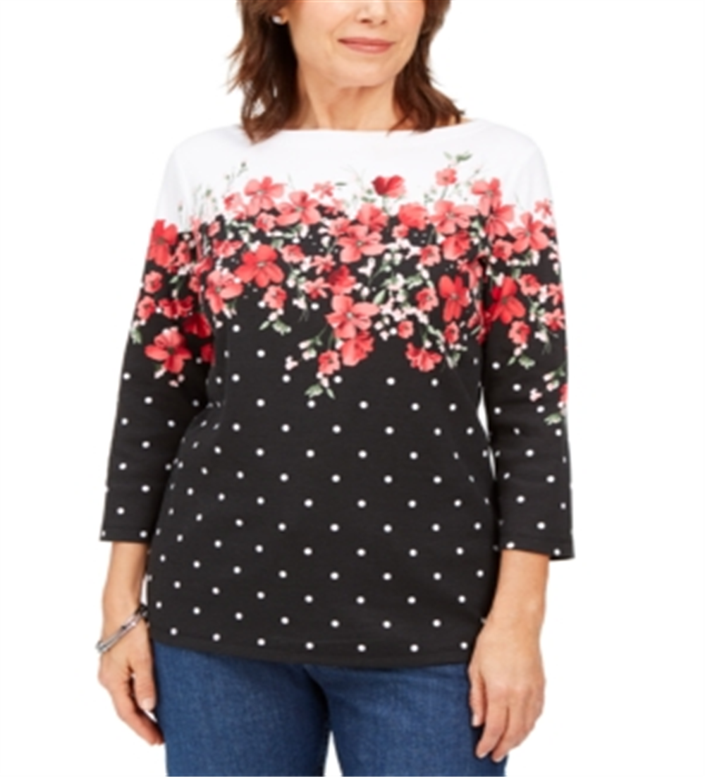 Blusa feminina Karen Scott Emily com estampa de gola canoa, preta, tamanho X-S