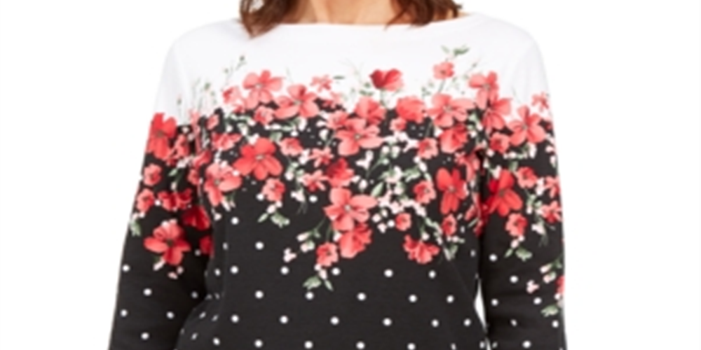 Blusa feminina Karen Scott Emily com estampa de gola canoa, preta, tamanho X-S