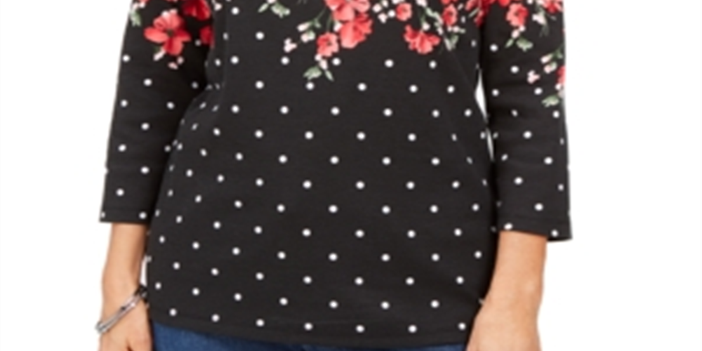 Blusa feminina Karen Scott Emily com estampa de gola canoa, preta, tamanho X-S
