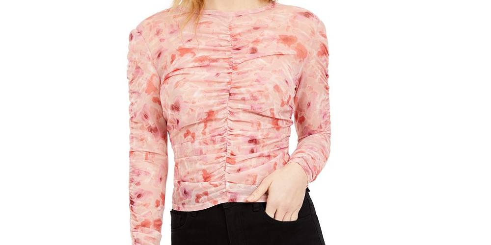 Blusa franzida com estampa floral feminina Bar III, rosa, tamanho 2XL