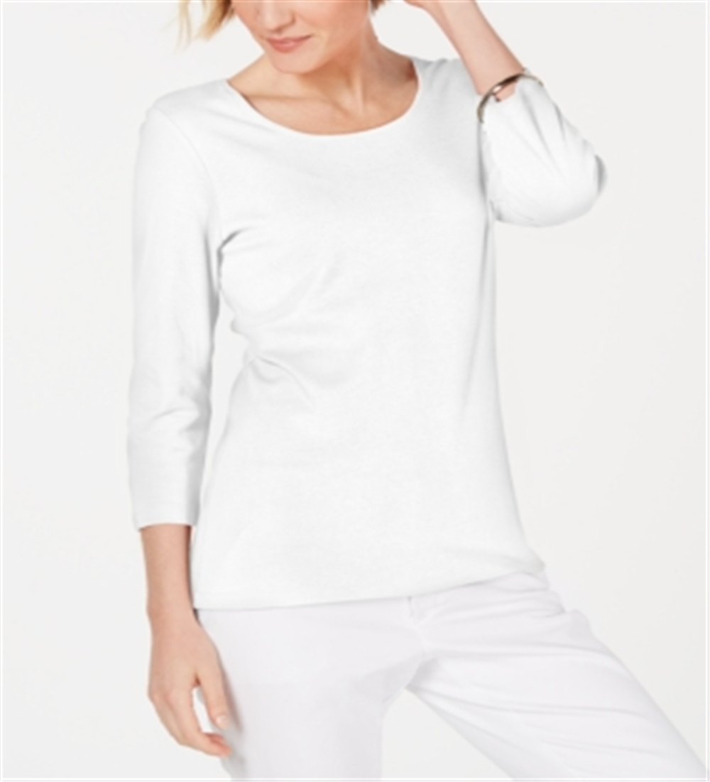 Karen Scott Blusa feminina de algodão com manga 3/4 e decote redondo, branca, tamanho pequeno GG