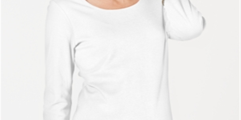 Karen Scott Blusa feminina de algodão com manga 3/4 e decote redondo, branca, tamanho pequeno GG