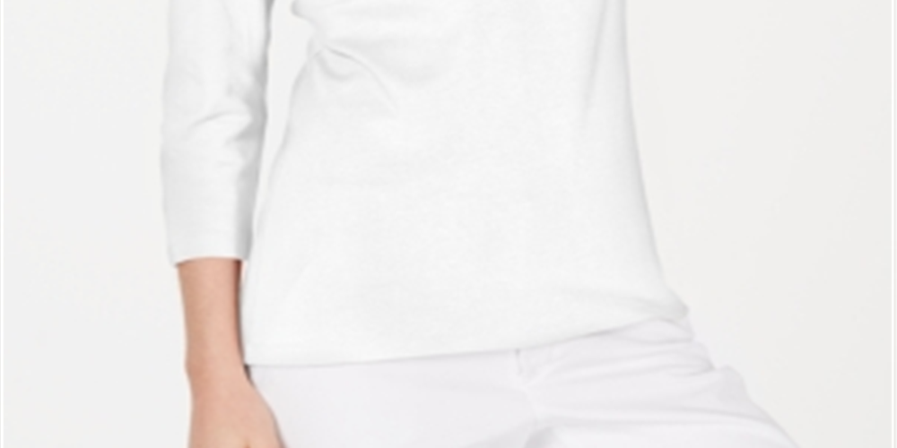 Karen Scott Blusa feminina de algodão com manga 3/4 e decote redondo, branca, tamanho pequeno GG