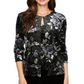 Alex Evenings Blusa de noite feminina texturizada, estampada, manga comprida, gola redonda, preta, tamanho pequeno grande
