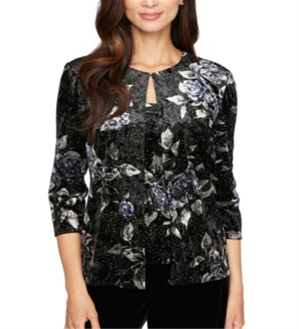 Alex Evenings Blusa de noite feminina texturizada, estampada, manga comprida, gola redonda, preta, tamanho pequeno grande