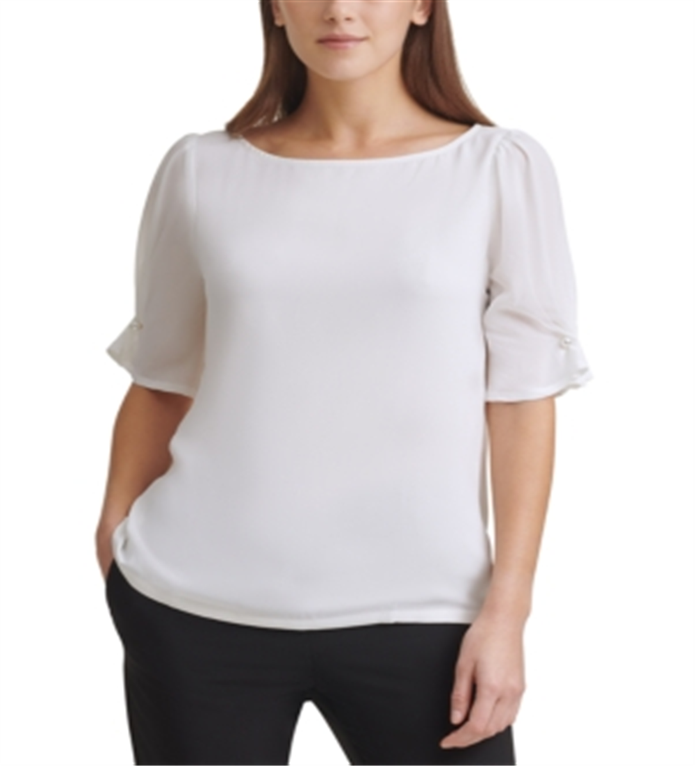 Blusa feminina DKNY com acabamento em pérolas e manga cotovelo, branca, tamanho médio