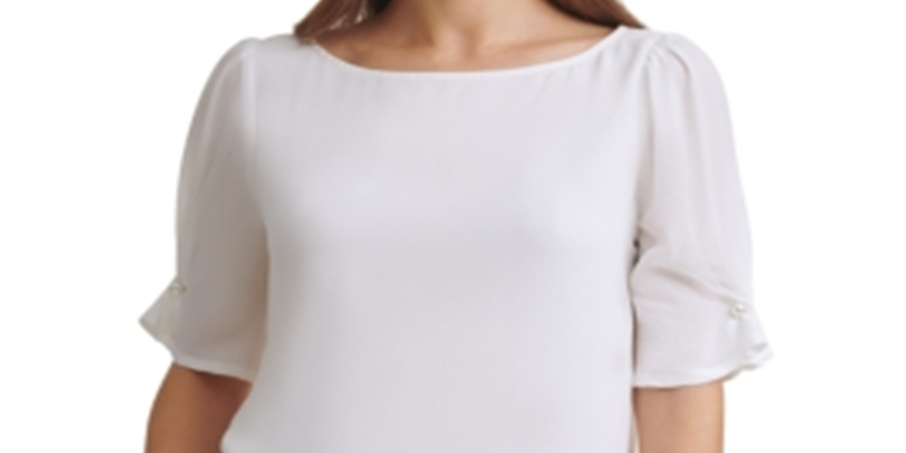 Blusa feminina DKNY com acabamento em pérolas e manga cotovelo, branca, tamanho médio
