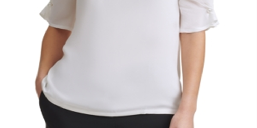 Blusa feminina DKNY com acabamento em pérolas e manga cotovelo, branca, tamanho médio