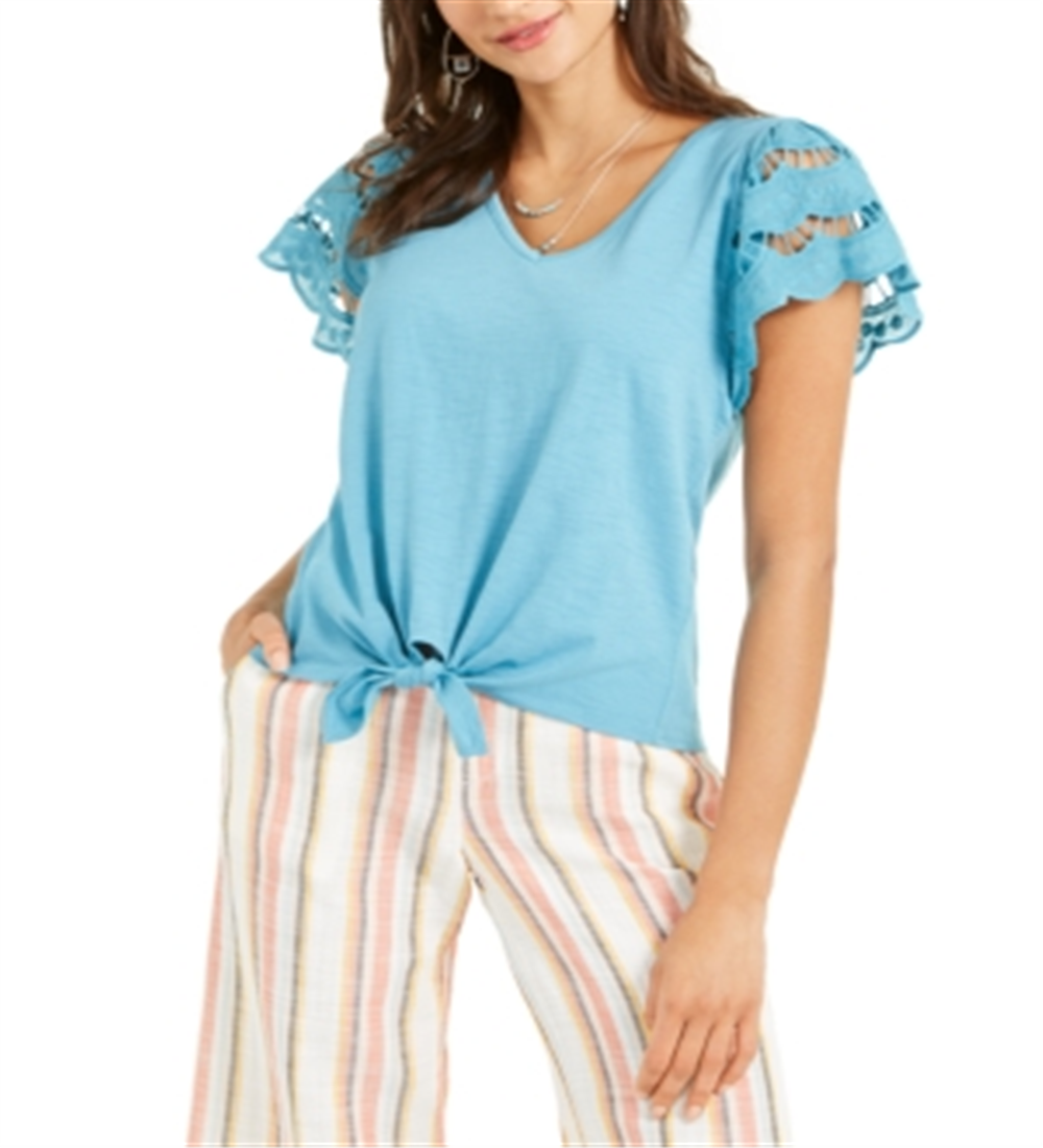 Top feminino com amarração frontal e mangas ilhós estilo &amp; co, azul, tamanho grande