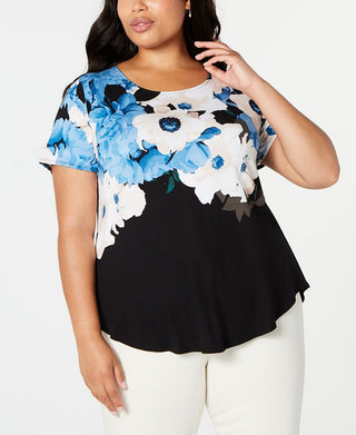 Blusa casual feminina Alfani com decote em joia floral, azul, tamanho 0X