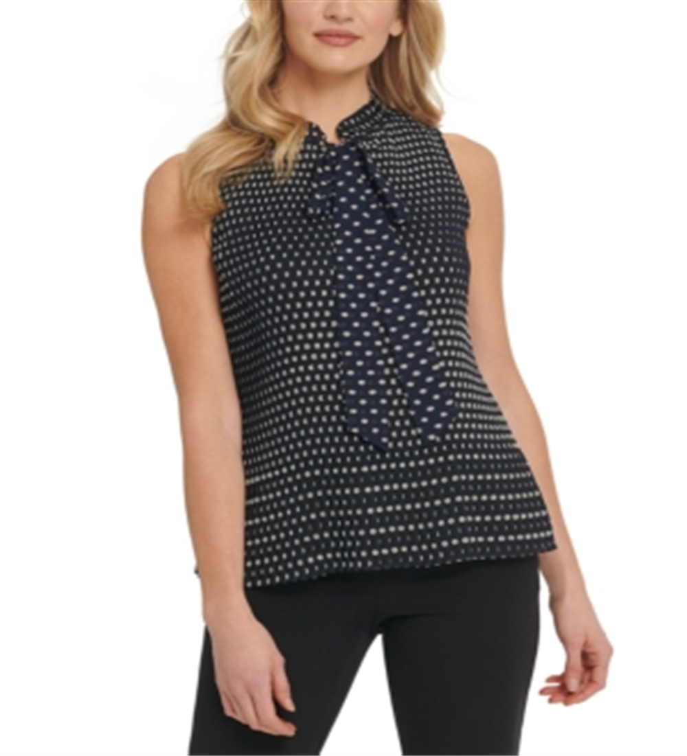 Blusa plissada com estampa de bolinhas e decote redondo DKNY feminina, azul