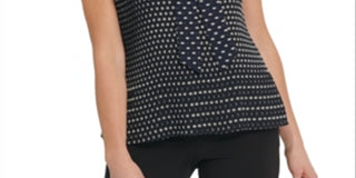 Blusa plissada com estampa de bolinhas e decote redondo DKNY feminina, azul