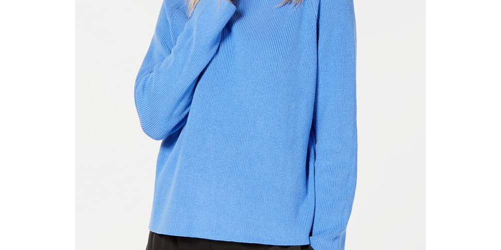 Suéter feminino Eileen Fisher orgânico com gola funil, azul, tamanho pequeno grande
