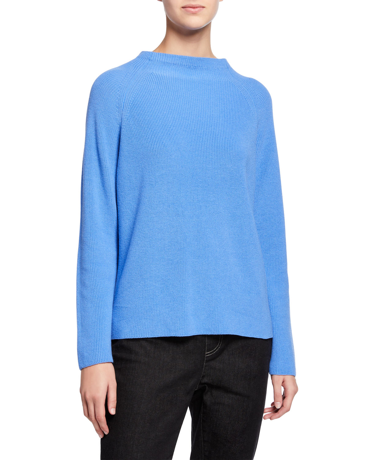 Suéter feminino Eileen Fisher orgânico com gola funil, azul, tamanho pequeno grande