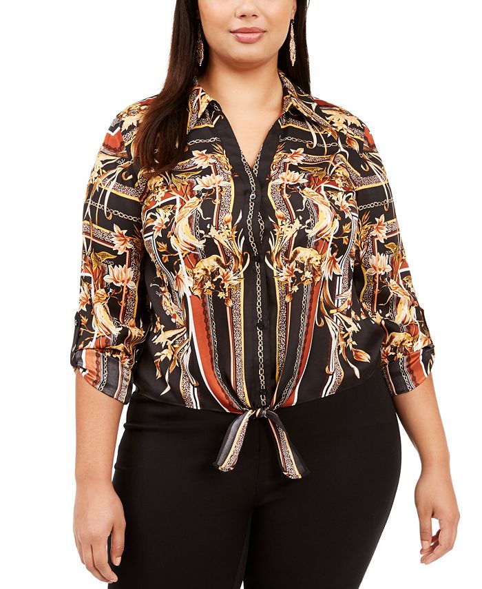 Blusa feminina plus size estampada com amarração frontal, preta, tamanho 4XL, da INC International Concepts