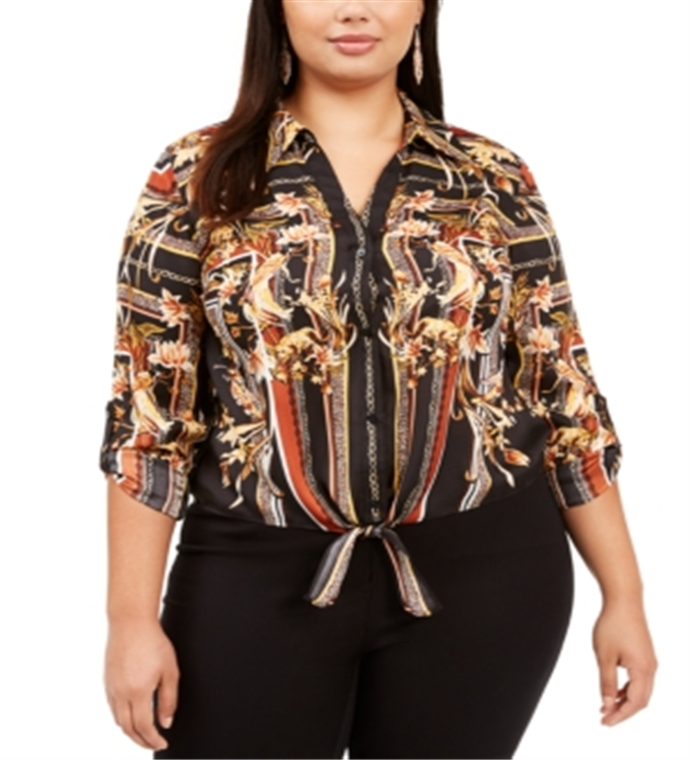Blusa feminina plus size estampada com amarração frontal, preta, tamanho 4XL, da INC International Concepts
