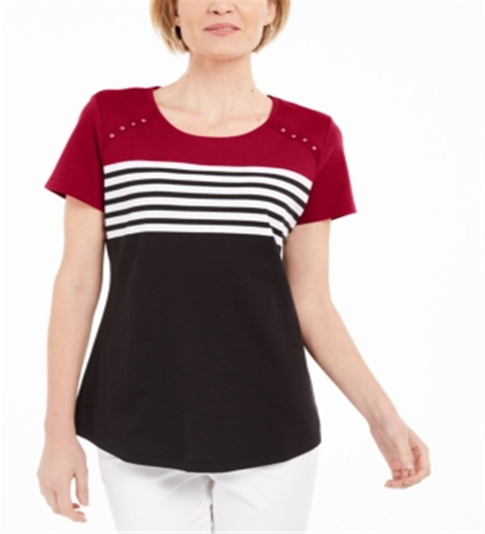Karen Scott Tara Colorblocked Listras Rebite Top Feminino Vermelho Tamanho P
