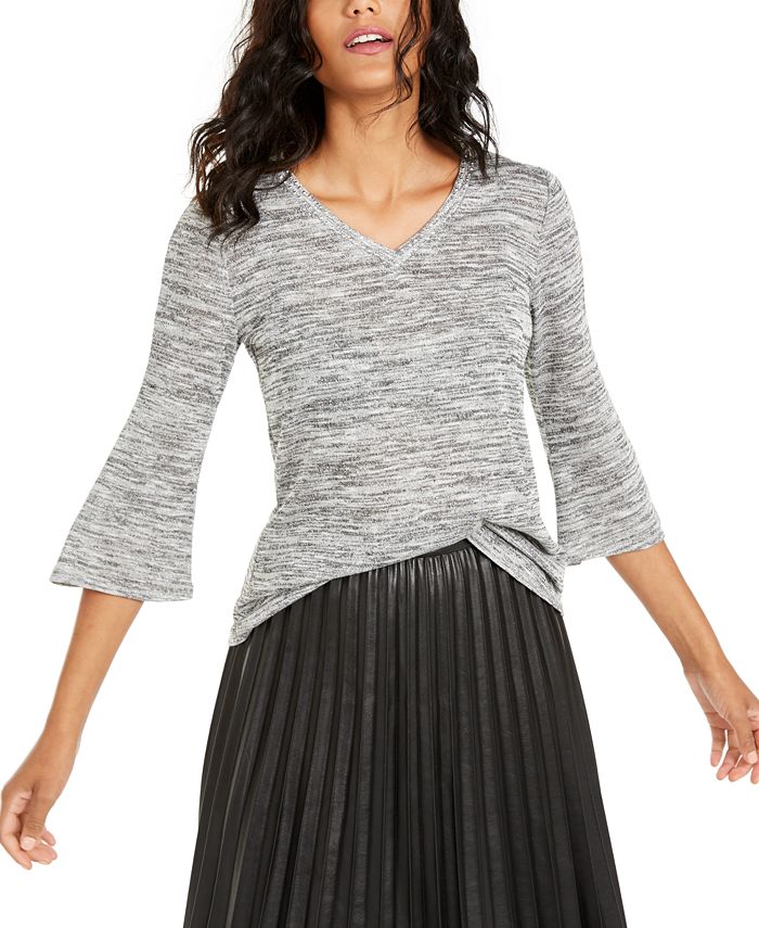 Blusa feminina NY Collection com decote em V e manga 3/4 mesclada, tamanho pequeno, tamanho extragrande, prateada