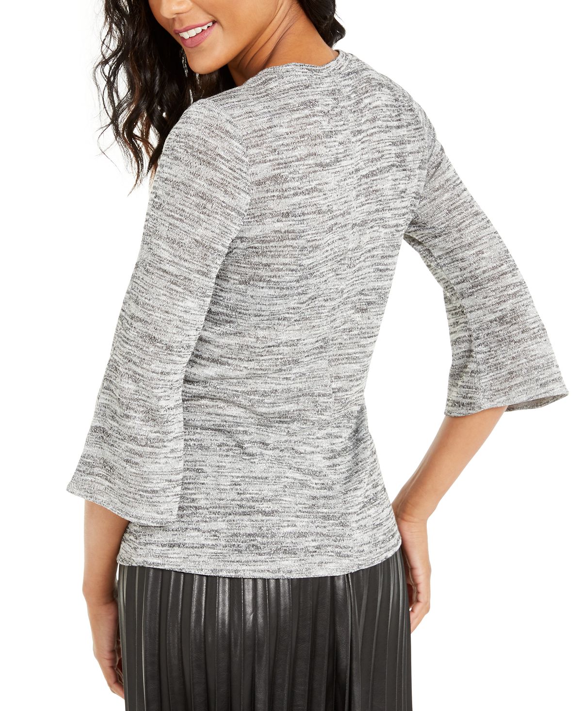 Blusa feminina NY Collection com decote em V e manga 3/4 mesclada, tamanho pequeno, tamanho extragrande, prateada