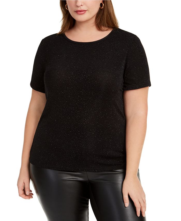 Camiseta feminina Bar III Trendy Plus texturizada com brilho, preta, tamanho 1X