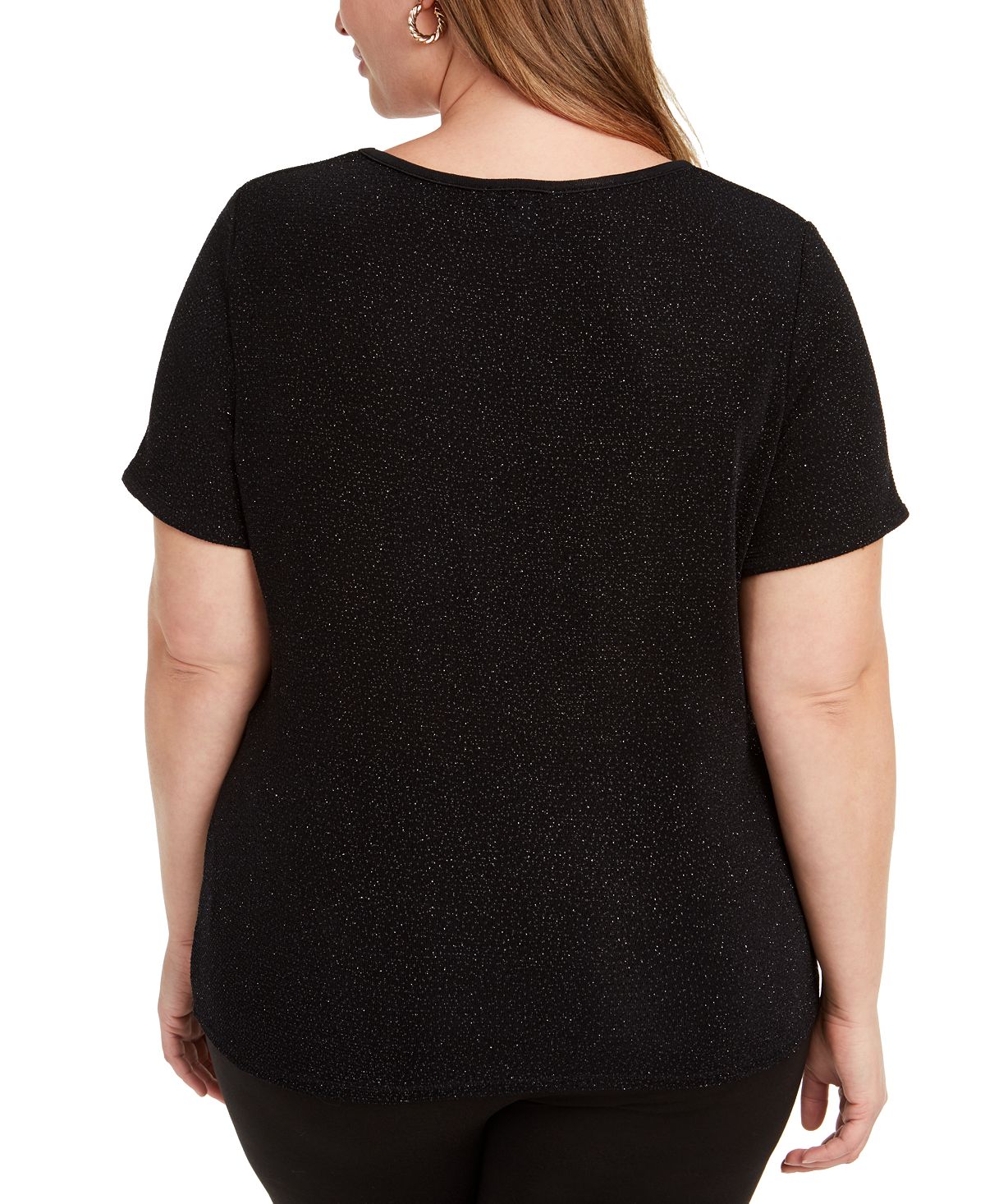 Camiseta feminina Bar III Trendy Plus texturizada com brilho, preta, tamanho 1X