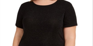 Camiseta feminina Bar III Trendy Plus texturizada com brilho, preta, tamanho 1X