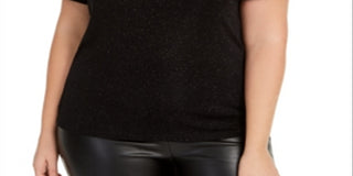 Camiseta feminina Bar III Trendy Plus texturizada com brilho, preta, tamanho 1X